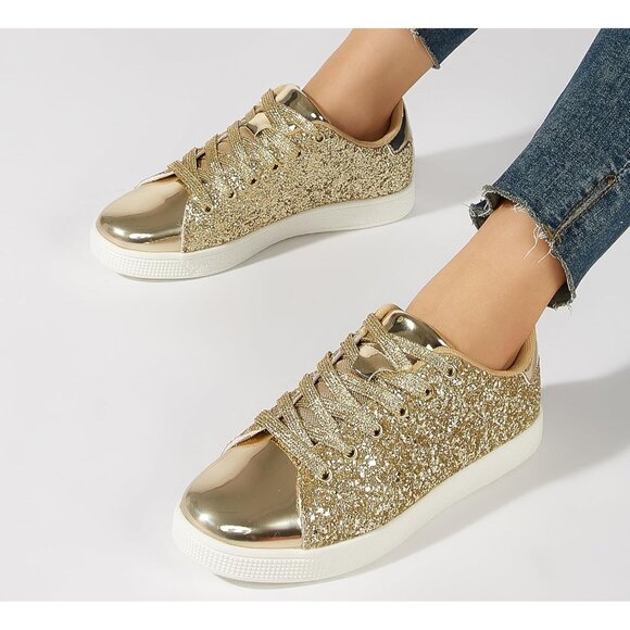 Women's Gold Glitter Shoes Sparkly Bling Shiny Bedazzled Lace Up Sneaker - Picture 2 of 9